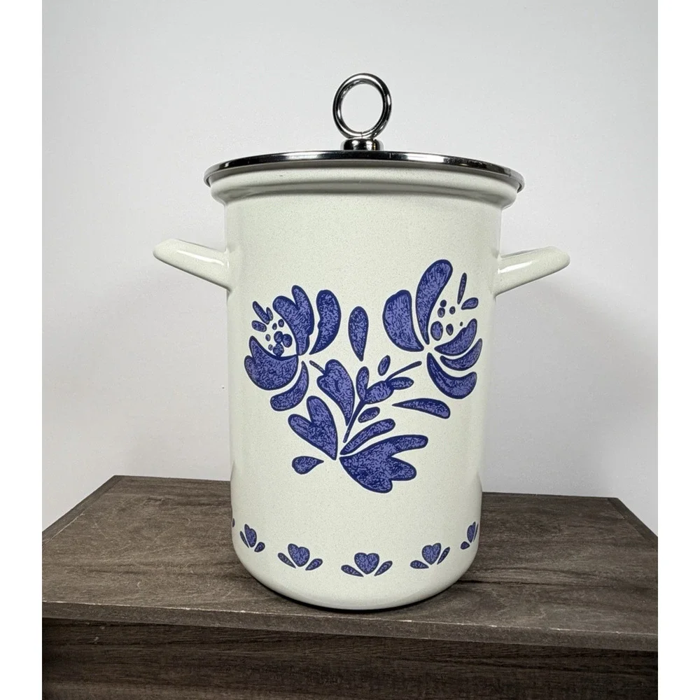 Vintage Pfaltzgraff Yorktowne Enamel Asparagus Pot, Lid, Metal Steamer Pre-Owned